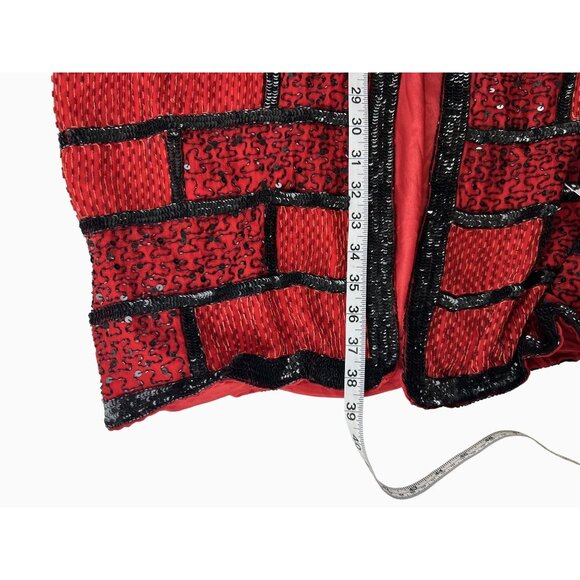 VTG Women 2X Bold Sequin Silk Red Black Beaded Geometric Retro 38" Long Jacket - Picture 5 of 11